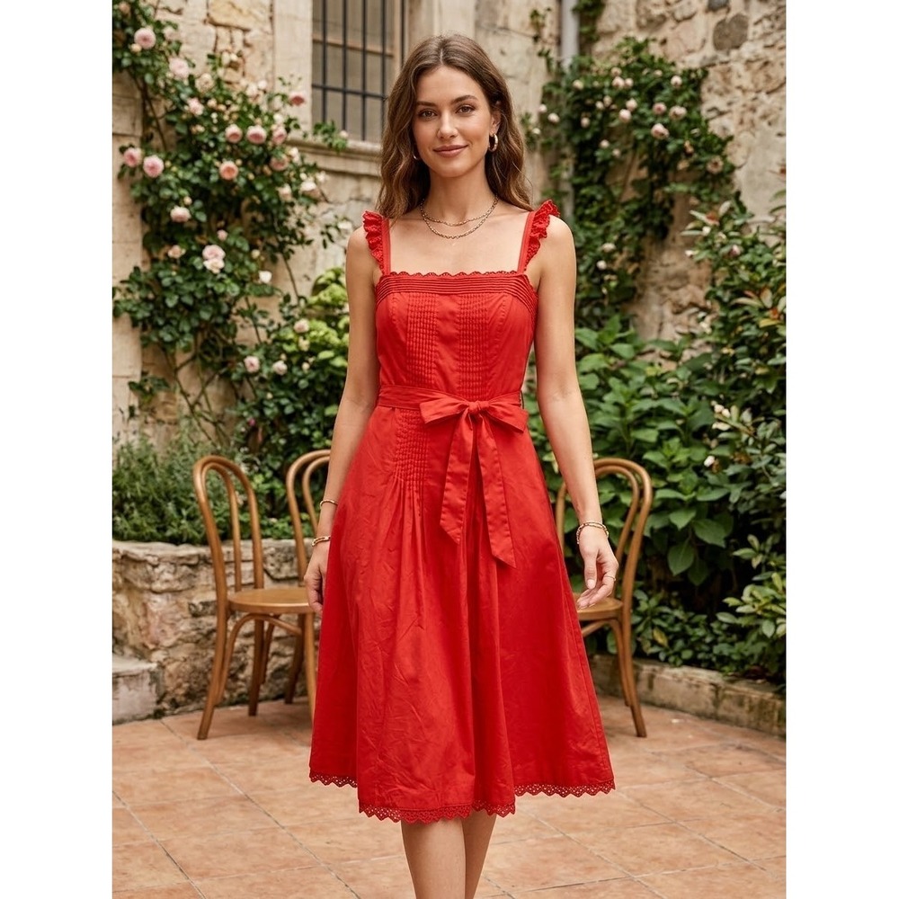Ted Baker Red Cotton Pintuck Ruffle Eyelet Hem Fit & Flare Midi Dress Size 4